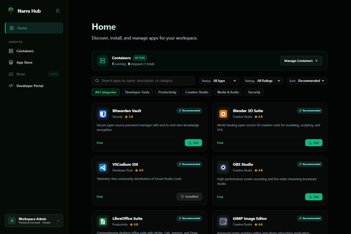 Narra Hub App Store live workspace catalog